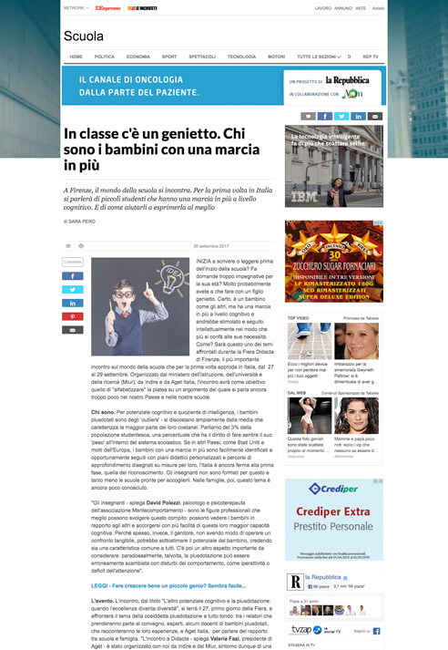 La Repubblica (www.repubblica.it) - In classe c’è un genietto. Chi sono i bambini con una marcia in più | 26 Settembre 2017å La Repubblica (www.repubblica.it) - In classe c’è un genietto. Chi sono i bambini con una marcia in più | 26 Settembre 2017å