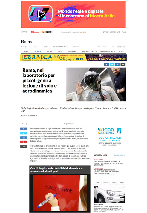 La Repubblica (www.repubblica.it) - Roma, nel laboratorio per piccoli geni: a lezione di volo e aerodinamica | 15 Gennaio 2017 La Repubblica (www.repubblica.it) - Roma, nel laboratorio per piccoli geni: a lezione di volo e aerodinamica | 15 Gennaio 2017